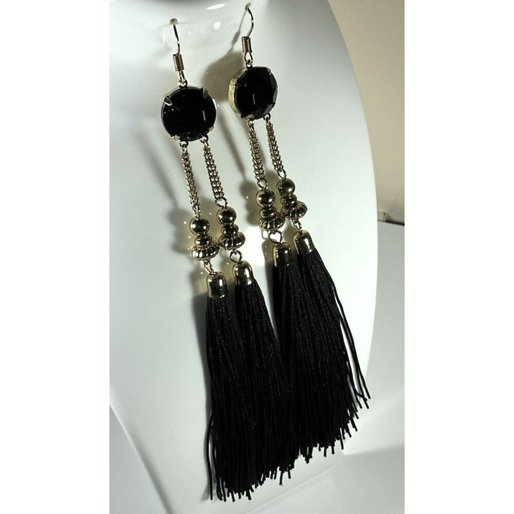 Black Tassel Earrings & Necklace Set Black Faceted Beads Gold Tone Flapper Boho - Picture 4 of 10